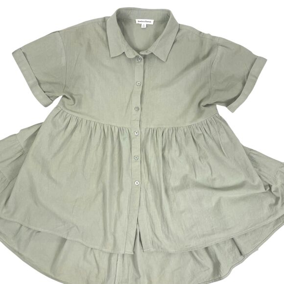 Newbury Kustom Sage Green Babydoll Lagenlook SS Button Top Tiered Ruffle Flowy S - Picture 5 of 8